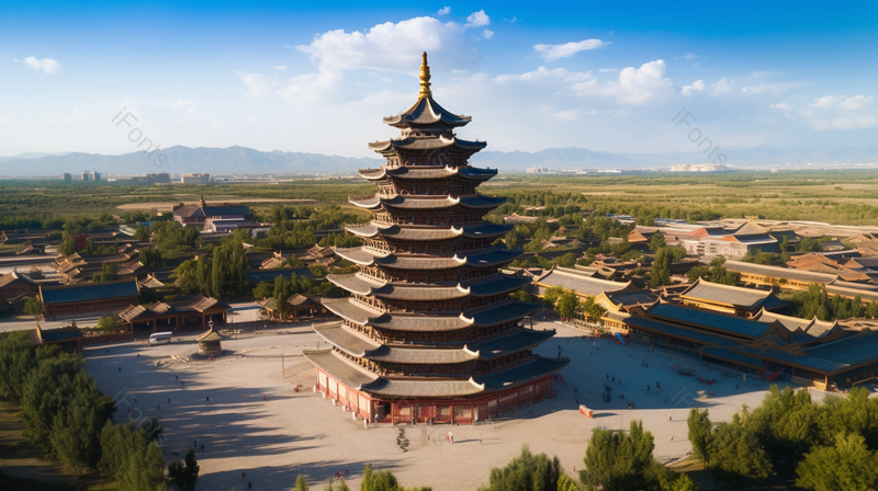 蓝天白云下的古建筑塔四面环树,高清,摄影图,摄影图片,图片大全,摄影图免费下载